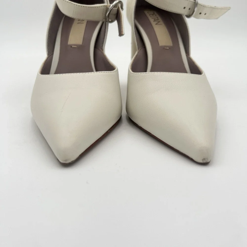DELTAN Women's Cream Ivory Pointed Toe Ankle Strap Block Heel Shoes Size 7